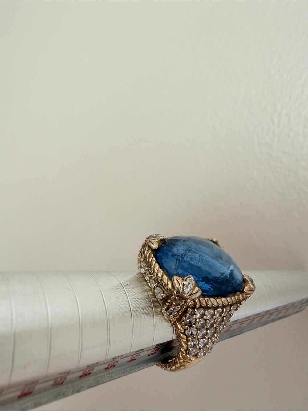 RARE Judith Ripka 925 Gold-Tone Ring with Deep Blue Cabochon and Pavé Accents